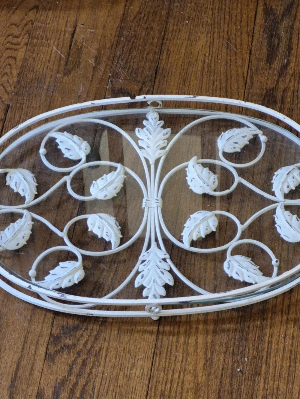 Gorgeous Ironwork Off White Metal Serving Or Display  Tray with Leaf Scrollwork